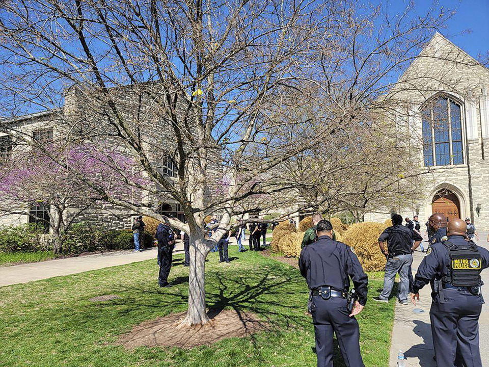 <strong>This photo provided by the Metro Nashville Police Department shows officers at an active shooter event that took place at Covenant School, Covenant Presbyterian Church, in Nashville March 27.</strong> (Courtesy Metro Nashville Police Department via AP)