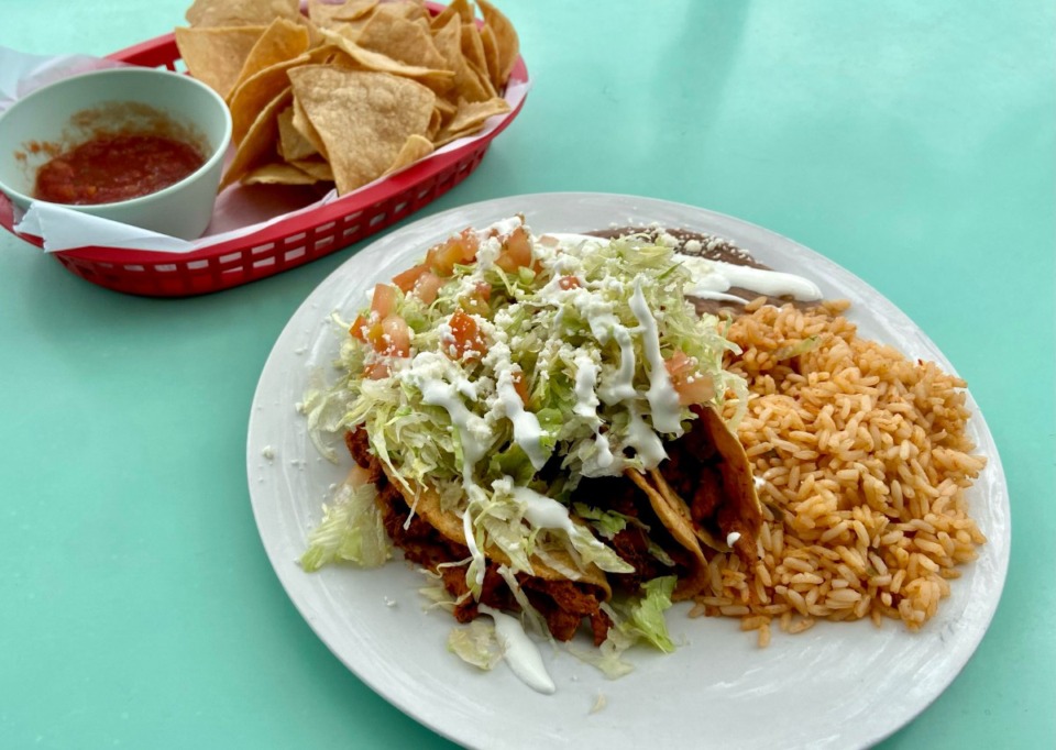 <strong>Three fried tacos pastor, with beans and rice and a serving of salsa and chips, is $10 at Maciel&rsquo;s.</strong> (Joshua Carlucci/The Daily Memphian)