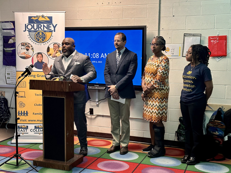<strong>From left to right: Nickalous Manning, executive director of Journey Community Schools; Kevin Leslie, board chair for Journey Community Schools; Joyce Dorse-Coleman, a Memphis-Shelby County Schools board member; and Estella Smith, a Hanley Elementary School teacher.</strong> (Alicia Davidson/The Daily Memphian)