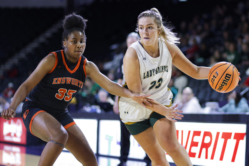 <strong>Briarcrest&rsquo;s Kayli Clarkson (right) charges around an Ensworth Tigers defender in the TSSAA Division 2-AA state tournament semifinal at Hooper Eblen Center March 3, 2023, in Cookeville, Tenn. </strong>(The Daily Memphian file)