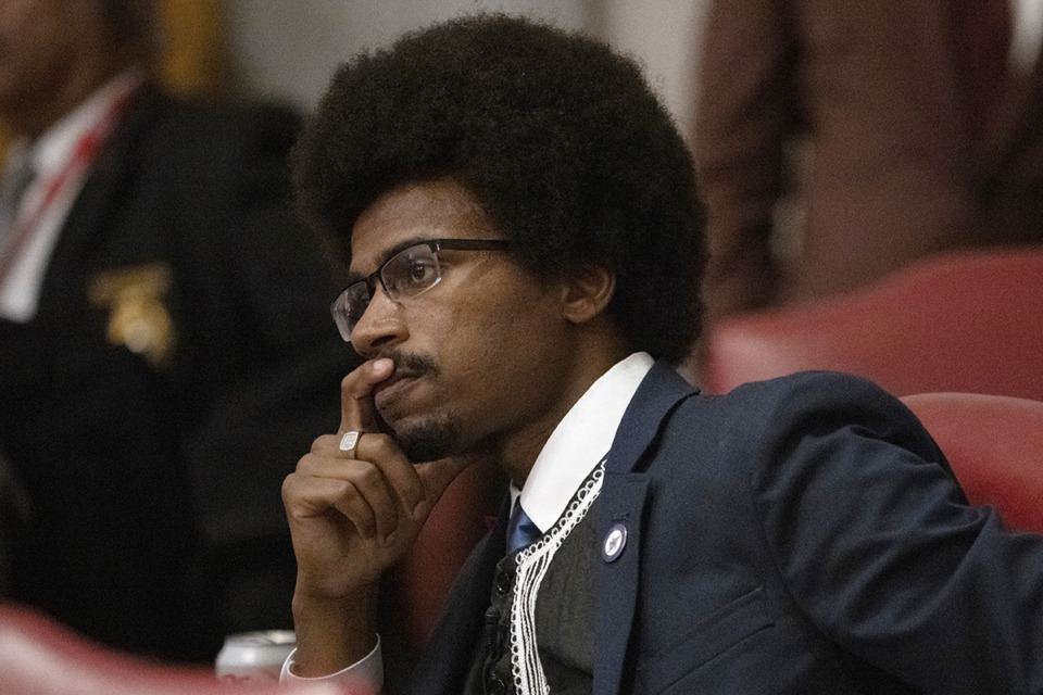 <strong>State Rep. Justin Pearson (D-Memphis) listens to remarks on the floor of the House chamber April 6 in Nashville.</strong>&nbsp;(George Walker IV/AP Photo)