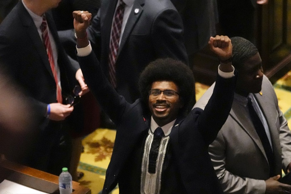 <strong>Justin Pearson acknowleges his supporters before the start of the legislative session Thursday, April 6, 2023, in Nashville.</strong> (George Walker IV/AP)