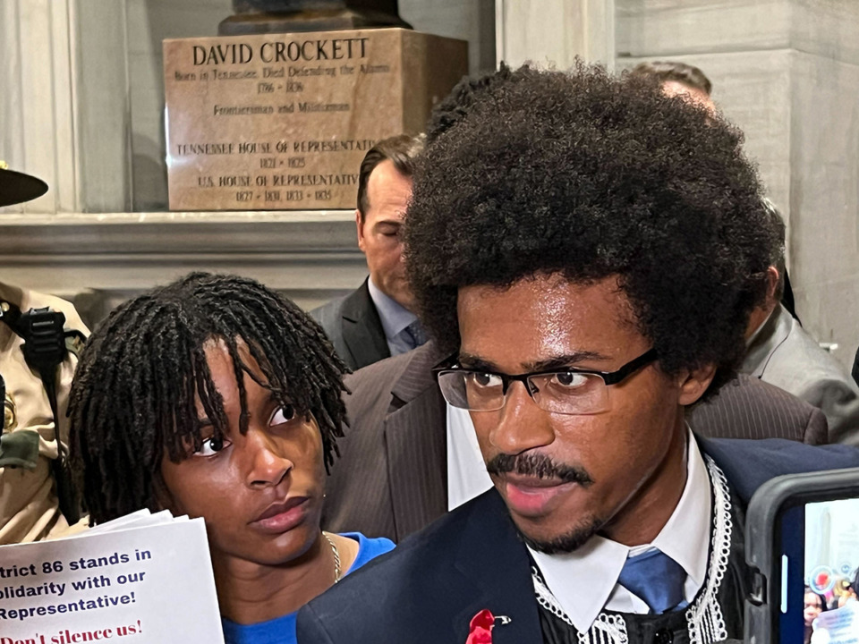 <strong>Justin Pearson speaks to media after the Tennessee House of Representatives voted to expel him.</strong> (Ian Round/The Daily Memphian)