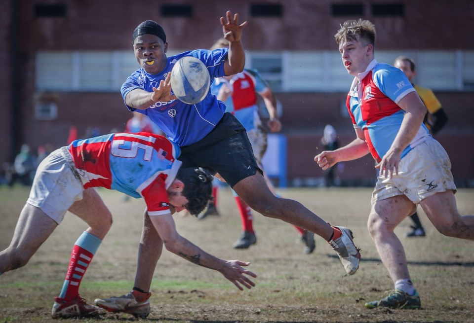 <strong>University of Memphis players compete in a rugby seven's tournament outside of the Elma Roane Field House March 18, 2023.</strong> (Patrick Lantrip/The Daily Memphian)