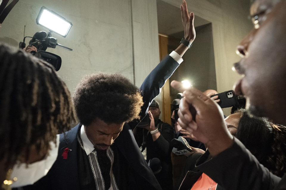 <strong>Former Rep. Justin Pearson, D-Memphis, becomes emotional with family after being expelled from the legislature outside the House chamber on Thursday, April 6, 2023, in Nashville, Tenn. Tennessee Republicans expelled two House Democrats including Pearson for using a bullhorn to shout support for pro-gun control protesters in the House chamber.</strong> (George Walker IV/AP Photo)