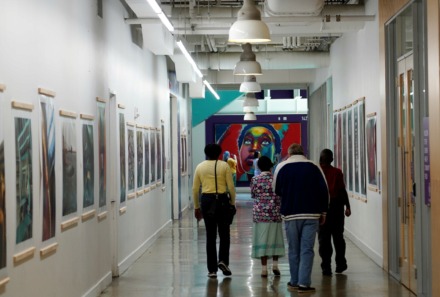 <strong>Art enlivens most spaces at Crosstown Concourse, including the corridor connecting the central and west atriums.</strong> (Tom Bailey/The Daily Memphian)