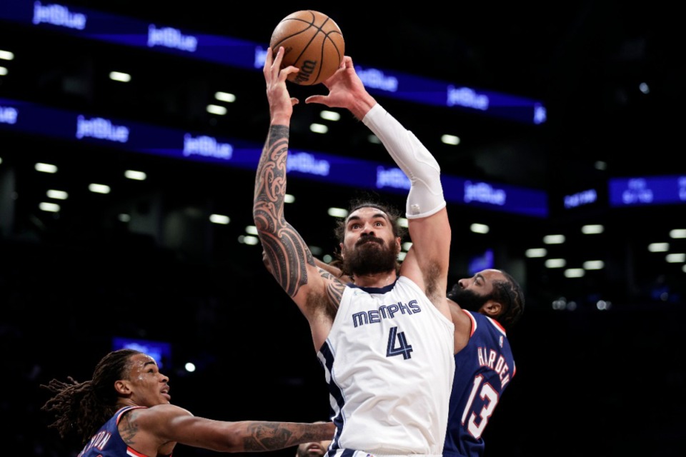 <strong>Memphis Grizzlies center Steven Adams (4) grabs a rebound over Brooklyn Nets guard James Harden (13) during the first half of a game Monday, Jan. 3, 2022, in New York. Adams has not played for the team after he suffered a PCL sprain.</strong>&nbsp;(Adam Hunger/AP Photo file)