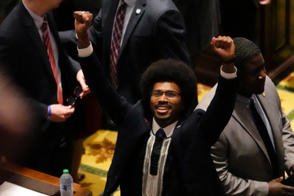 <strong>The Shelby County Commission could reappoint Rep. Justin Pearson, D-Memphis to the State House District 86 seat on Wednesday. Pearson raises his fists on the floor of the House chamber to recognize his supporters before the start of the legislative session Thursday, April 6, 2023, in Nashville before his expulsion from the Tennessee House of Representatives.</strong> (George Walker IV/AP Photo)