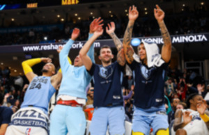 <strong>Happy Grizz week, everyone. Memphis Grizzlies players Dillon Brooks, Desmond Bane, John Konchar and Brandon Clarke do the wave during a Dec. 15, 2022 game against the Milwaukee Bucks.</strong> (Patrick Lantrip/The Daily Memphian file)