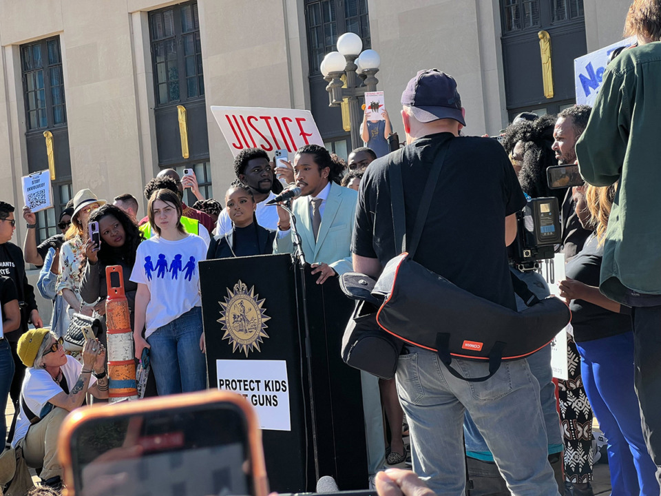 <strong>Justin Jones speaks at a rally in front of the Nashville Metropolitan Courthouse, where the Metro Council voted to reappoint him to his state House seat.</strong> (Ian Round/The Daily Memphian)