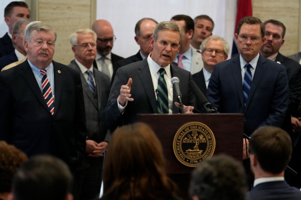 <strong>Gov. Bill Lee answers questions during a news conference Monday, April 3, 2023, in Nashville, Tenn. Lee held a news conference with state legislative leaders to talk about proposed legislation to address gun violence in schools.</strong>&nbsp; (AP Photo/Mark Humphrey)
