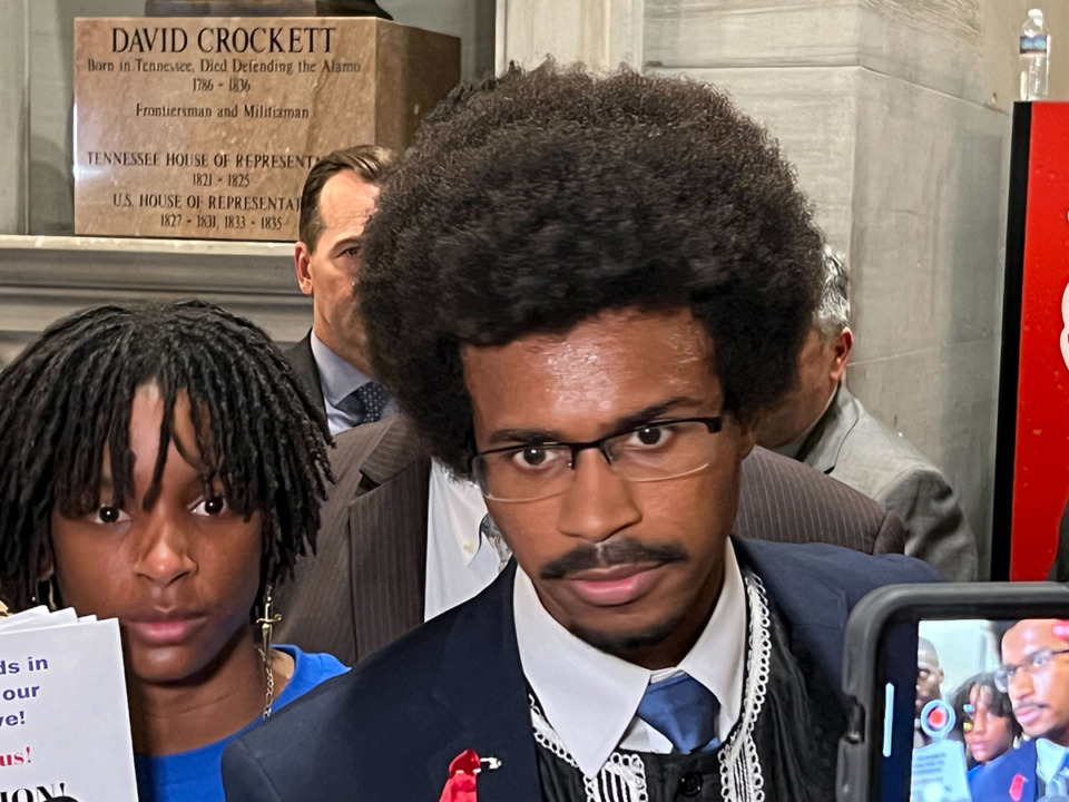 <strong>Justin Pearson (D-Memphis) speaks to media after the Tennessee House of Representatives voted to expel him.</strong> (Ian Round/The Daily Memphian file)