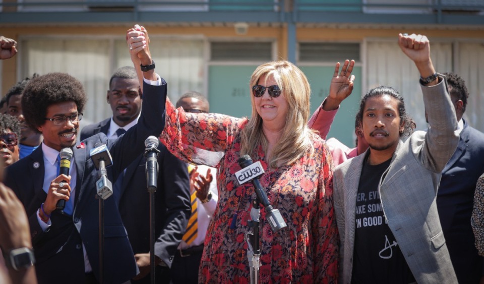 <strong>From left to right, Justin J. Pearson, Gloria Johnson and Justin Jones raise their fists in solidarity at a rally to support the reinstatement of Pearson by the Shelby County Commission April 12, 2023.</strong> (Patrick Lantrip/The Daily Memphian)