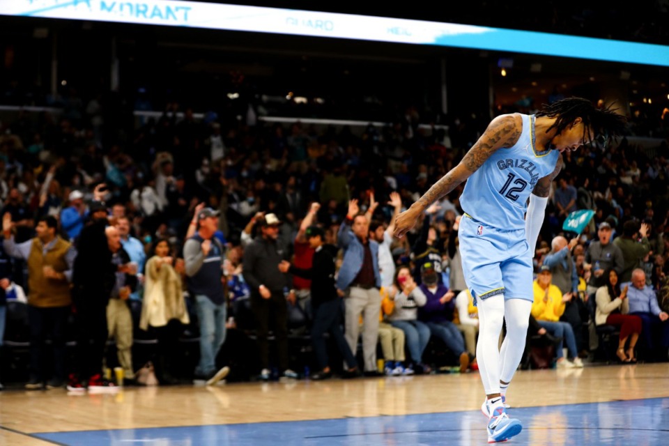 <strong>Memphis Grizzlies guard Ja Morant (12) does the griddy after a huge play during a Dec. 29, 2021 game against the Los Angeles Lakers at the FedExForum.</strong> (Patrick Lantrip/Daily Memphian)