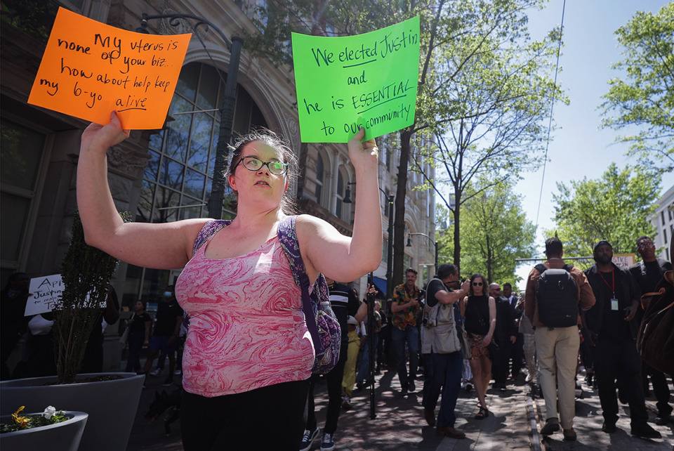 <strong>Hundreds of marchers meander down Main Street in Downtown Memphis in support of the reinstatement of Tennessee State Rep. Justin Pearson April 12, 2023.</strong> (Patrick Lantrip/The Daily Memphian)