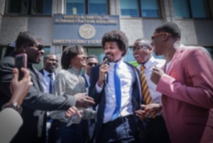 <strong>Tennessee State Rep. Justin Pearson celebrates with friends and family outside of the Vasco A. Smith Jr. County Administration Building in Downtown Memphis April 12, 2023.</strong> (Patrick Lantrip/The Daily Memphian)