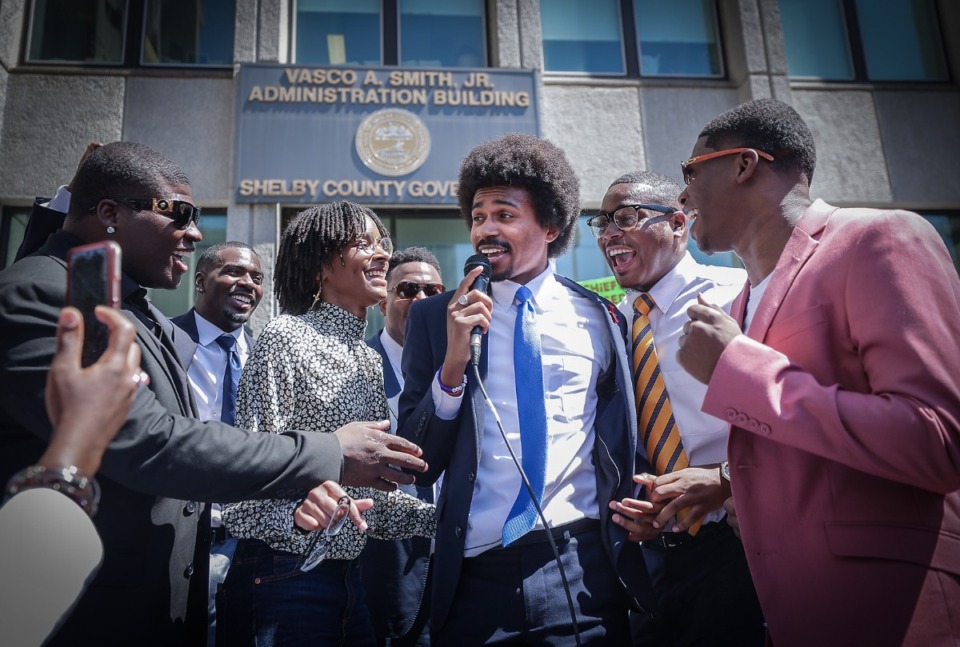 <strong>Tennessee State Rep. Justin Pearson celebrates with friends and family outside of the Vasco A. Smith Jr. County Administration Building in Downtown Memphis April 12, 2023.</strong> (Patrick Lantrip/The Daily Memphian)
