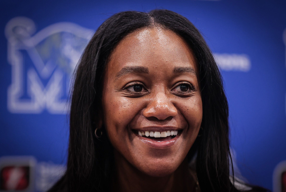 <strong>Alex Simmons jokes with reporters after being introduced as the new University of Memphis women&rsquo;s basketball head coach Thursday, April 13.</strong> (Patrick Lantrip/The Daily Memphian)