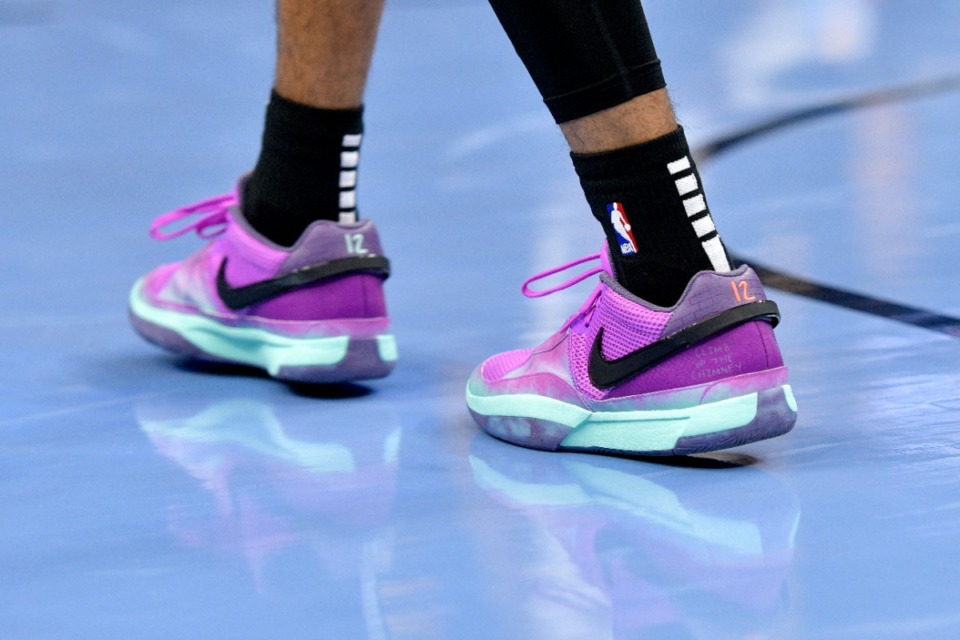 <strong>The shoes of Ja Morant in the first half of an NBA basketball game against the Phoenix Suns Tuesday, Dec. 27, 2022, in Memphis.</strong> (AP Photo/Brandon Dill)