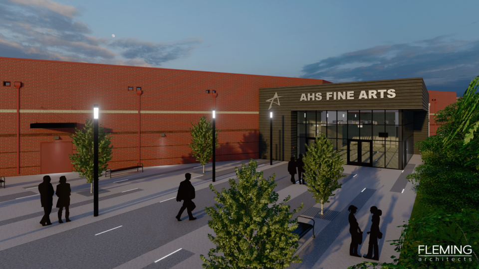 <strong>A rendering shows the proposed $8.5 million fine arts wing expansion project at Arlington High School.</strong> (Courtesy Fleming Architects)