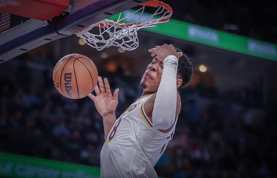 <strong>Los Angeles Lakers forward Rui Hachimura (28) dunks the ball during an April 16, 2023 playoff game against the Memphis Grizzlies.</strong> (Patrick Lantrip/The Daily Memphian)