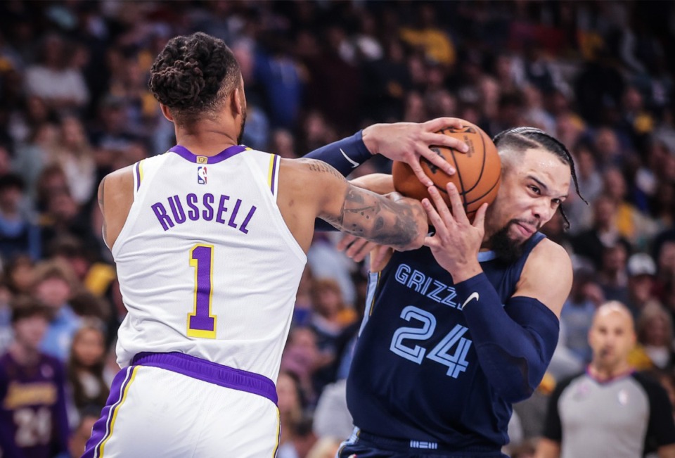 <strong>Memphis Grizzlies guard Dillon Brooks (24) fights through a defender during an April 16, 2023 playoff game against the Los Angeles Lakers.</strong> (Patrick Lantrip/The Daily Memphian)