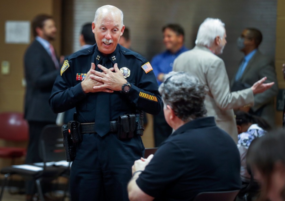 <strong>Memphis Police Department Assistant Chief Don Crowe (middle) speaks to community members during a Public Safety Town Hall meeting on Tuesday, July 27, 2021 at Bert Ferguson Community Center.&nbsp;On Friday, April 14, 2023, Crowe appeared in an MPD video to announce a new Juvenile Crime Abatement Program.</strong> (Mark Weber/The Daily Memphian file)