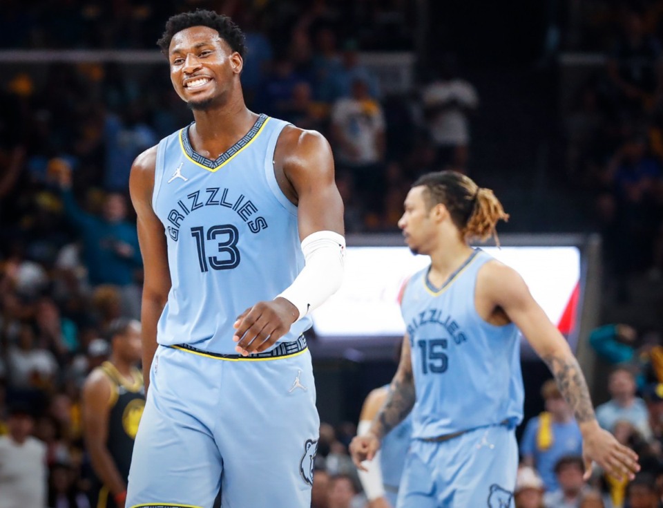 <strong>Memphis Grizzlies center Jaren Jackson Jr., (left) smiles during a victory over the Golden State Warriors May 11, 2022.</strong> (Mark Weber/The Daily Memphian file)