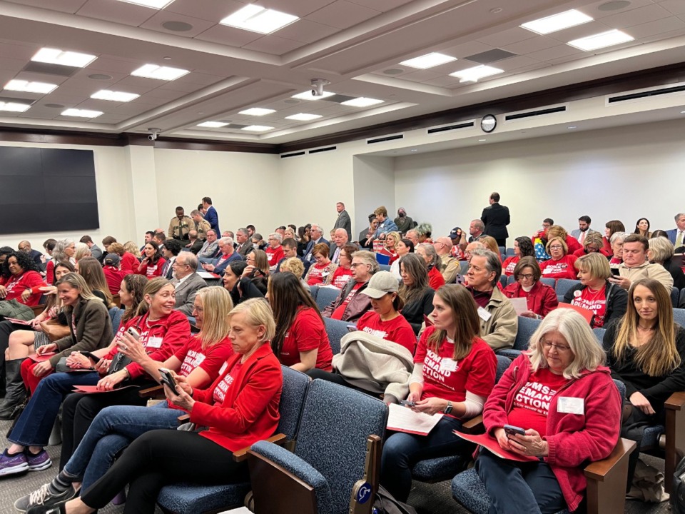 <strong>Volunteers with Moms Demand Action for Gun Sense in America, wearing red shirts, filled the House Civil Justice Committee hearing room on Wednesday, March 8, to oppose a bill that would expand permitless carry to 18-year-olds.</strong> (Ian Round/The Daily Memphian file)