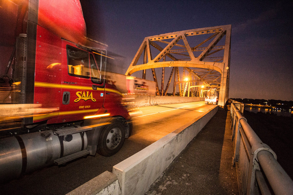 <strong>The supply chain and logistics industry&rsquo;s workforce has grown 25% over the past decade in the Memphis area. Interstate trucks pass over the Mississippi on the Memphis &amp; Arkansas bridge.</strong> (The Daily Memphian file)