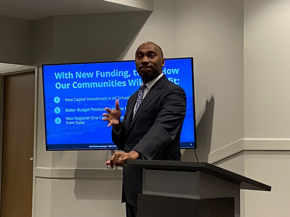 <strong>&ldquo;I would love for somebody else to pay for everything,&rdquo; Shelby County Mayor Lee Harris said Tuesday, April 18, in Bartlett.&nbsp;&ldquo;But Shelby County government owns Regional One.&rdquo;</strong> (Bill Dries/The Daily Memphian)