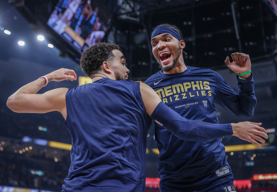 <strong>Memphis Grizzlies players Tyus Jones and Ziaire Williams celebrate before an April 16, 2023 playoff game against the Los Angeles Lakers. Will Jones start tonight in Game 2 if Ja Morant can&rsquo;t play?</strong> (Patrick Lantrip/The Daily Memphian)