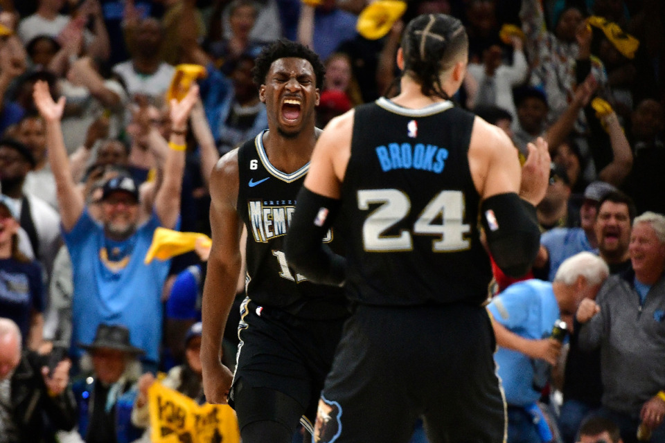 <strong>Memphis forwards Jaren Jackson Jr. and Dillon Brooks (24) react during the second half of Game 2 in a first-round NBA basketball playoff series against the Los Angeles Lakers Wednesday, April 19, 2023. The Grizzlies won 103-93 to even the series at 1-1.</strong> (Brandon Dill/AP)