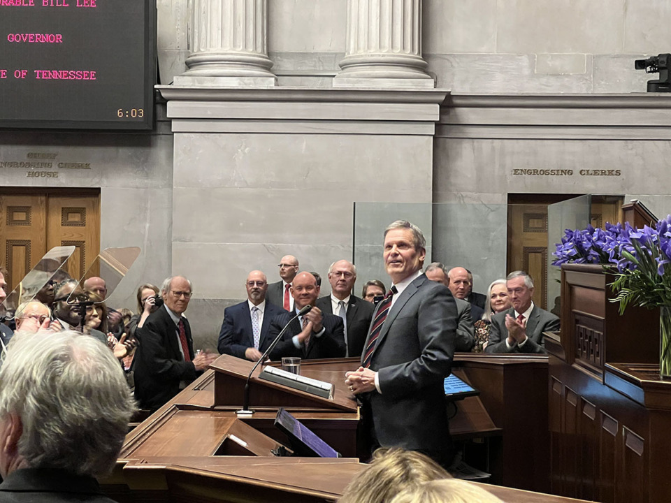 <strong>Gov. Bill Lee looks up at audience members in the balcony of the Tennessee House of Representatives chamber before delivering his annual State of the State address Feb. 6.</strong> (Ian Round/The Daily Memphian file)