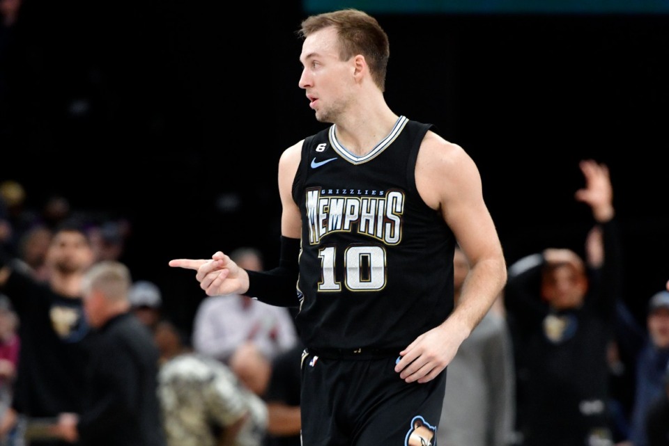 <strong>Memphis Grizzlies guard Luke Kennard (10) reacts in the first half of an NBA basketball game against the Los Angeles Clippers, Friday, March 31, 2023, in Memphis.</strong> (Brandon Dill/AP Photo)