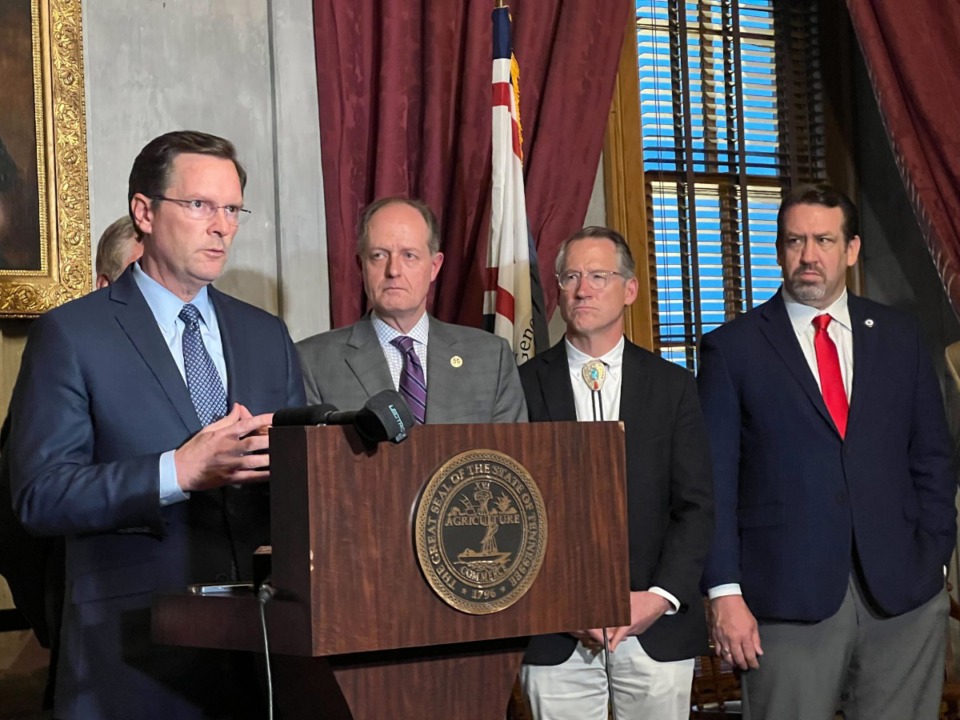 <strong>House Speaker Cameron Sexton (R-Crossville) speaks at a press conference after the General Assembly adjourned on Friday, April 21, 2023.</strong> (Ian Round/The Daily Memphian)