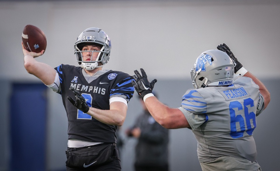 <strong>University of Memphis quarterback Seth Henigan (2) throws the ball during the Tigers' Friday Night Stripes spring game on April 21, 2023.</strong> (Patrick Lantrip/The Daily Memphian)