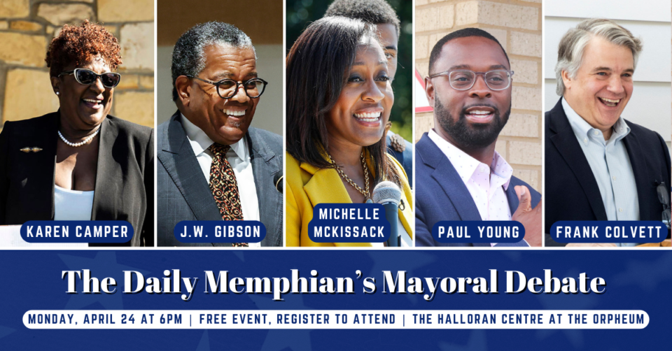 <strong>The 6 p.m. debate at the Halloran Centre at the Orpheum is open to the public but&nbsp;<a href="https://www.eventbrite.com/e/the-daily-memphians-mayoral-debate-tickets-617196510377?utm-campaign=social&amp;utm-content=attendeeshare&amp;utm-medium=discovery&amp;utm-term=listing&amp;utm-source=cp&amp;aff=escb" target="_blank" rel="noopener">guests must register via&nbsp;Eventbrite</a>&nbsp;due to limited seating.</strong>