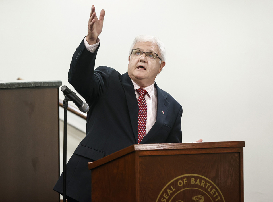 <strong>Bartlett Mayor David Parsons speaks during a press conference highlighting his first 100 days in office April 11.</strong> (Mark Weber/The Daily Memphian)