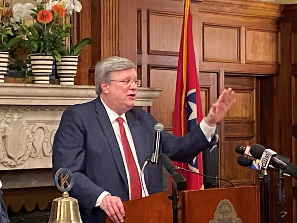 <strong>Memphis Mayor Jim Strickland&rsquo;s presents the final budget proposal of his last term of office Tuesday, April 25, to Memphis City Council members.</strong> (Bill Dries/The Daily Memphian file)