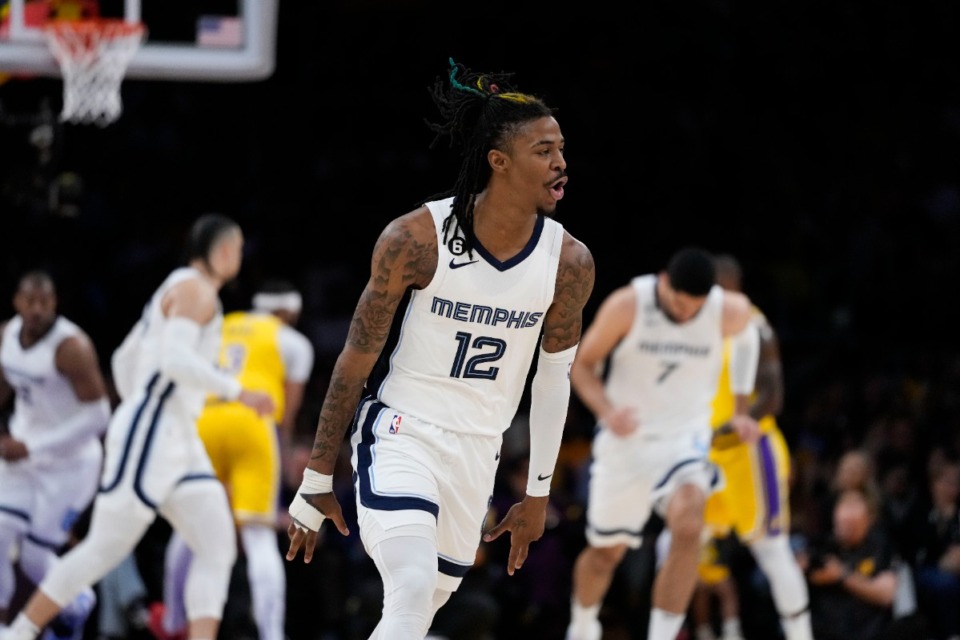 <strong>Memphis Grizzlies guard Ja Morant celebrates after his 3-point basket during Game 4 of the NBA playoffs series against the Los Angeles Lakers on Monday, April 24, 2023, in Los Angeles.</strong> (AP Photo/Jae C. Hong)