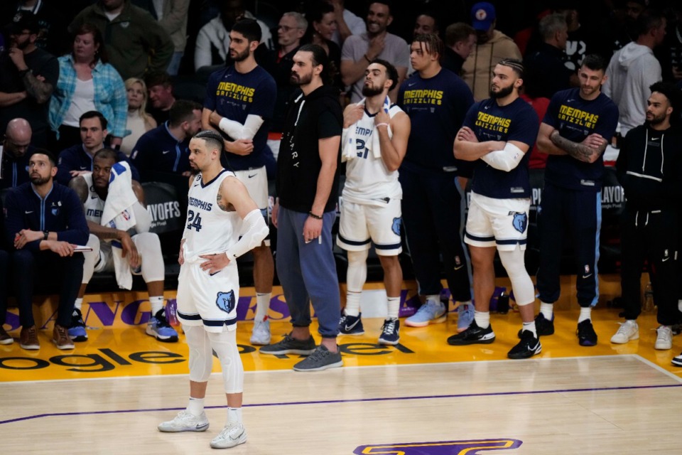 <strong>Memphis Grizzlies' Dillon Brooks (24) and the team's bench watch the action during overtime in Game 4 of a first-round NBA basketball playoff series against the Los Angeles Lakers Monday, April 24, 2023, in Los Angeles. The Lakers won 117-111.</strong> (AP Photo/Jae C. Hong)