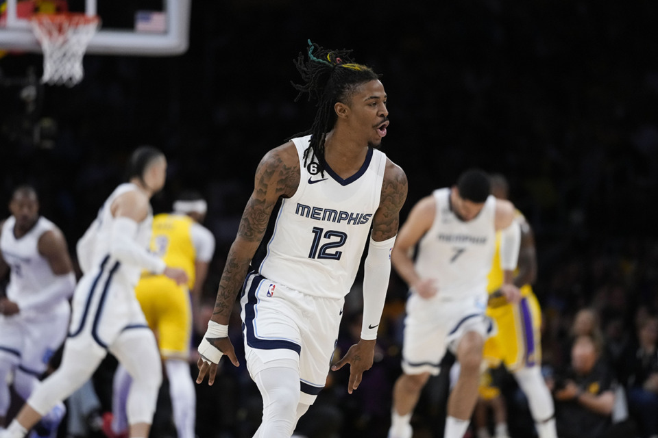 <strong>Memphis Grizzlies' Ja Morant celebrates after his 3-point basket during the first half in Game 4 of a first-round NBA basketball playoff series against the Los Angeles Lakers, Monday, April 24, 2023, in Los Angeles. The Grizzlies face the Lakers in Game 5 at FedExForum.</strong> (Jae C. Hong/AP Photo)