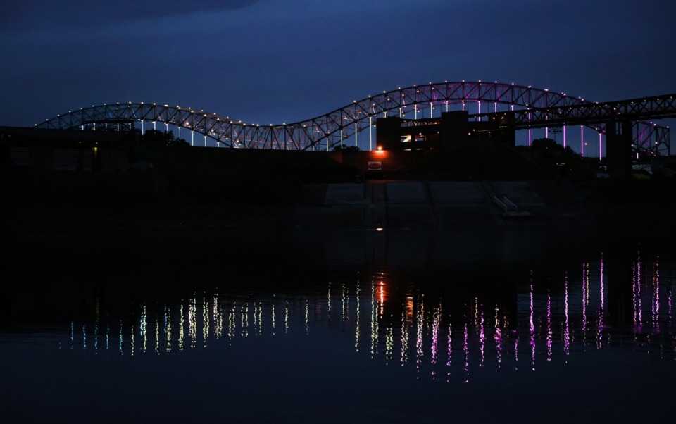 <strong>The Mighty Lights were lit up blue, green and purple after sunset Tuesday to commemorate National Crime Victims&rsquo; Rights Week.</strong> (Patrick Lantrip/The Daily Memphian)