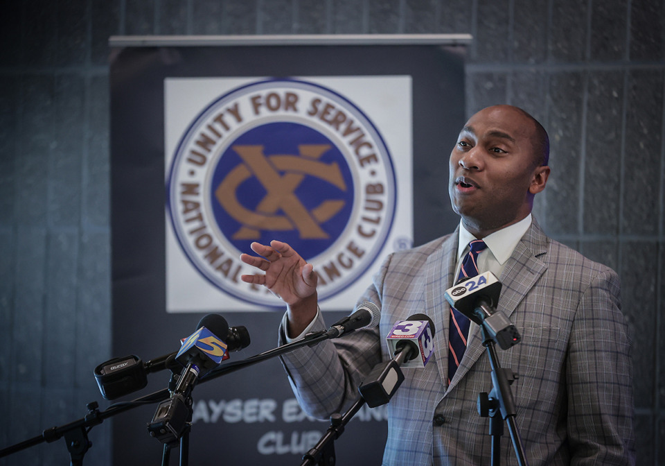 <strong>Shelby County Mayor Lee Harris speaks at press conference announcing a funding push for a new Frayser high school April 20.</strong> (Patrick Lantrip/The Daily Memphian)
