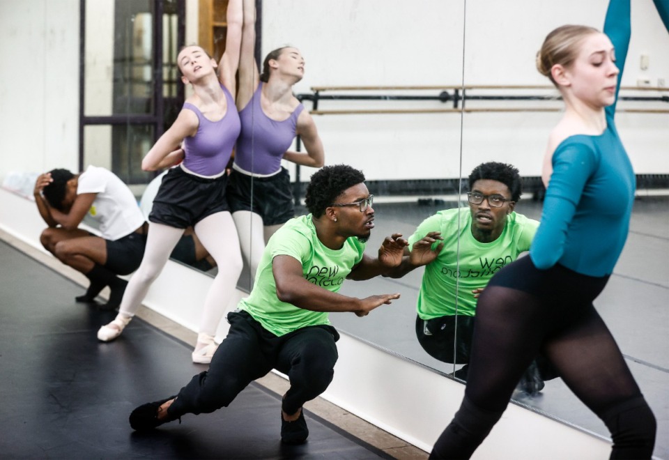 <strong>The New Ballet Ensemble dancers (left to right) Asher Bruce, Catherine Barkley, LeAnthony Douglas and Lily Reynolds rehearse for the upcoming 20th annual "Springloaded" show on Tuesday, April 25, 2023.</strong> (Mark Weber/The Daily Memphian)