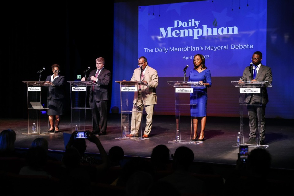 <strong>Mayoral candidates (left to right) Karen Camper, Frank Colvett, J.W. Gibson, Michelle McKissack and Paul Young attend a Daily Memphian sponsored debate on Monday, April 24, 2023 at the Halloran Centre for Performing Arts &amp; Education.</strong> (Mark Weber/The Daily Memphian)
