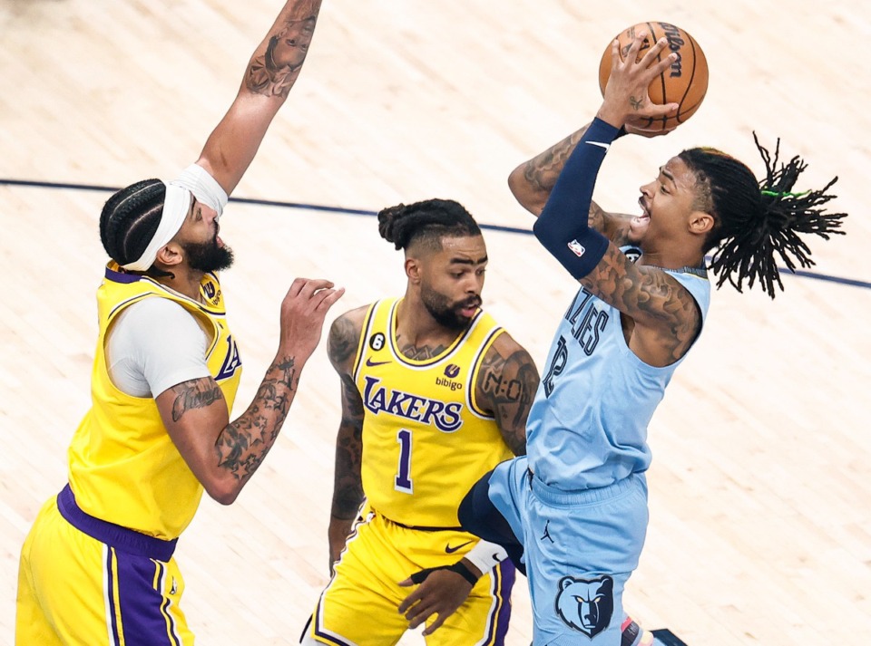 <strong>One reason for hope in Game 6: Memphis Grizzlies guards Desmond Bane (not pictured) and Ja Morant (far right) are both hot at the same time.</strong>&nbsp;(Mark Weber/The Daily Memphian)