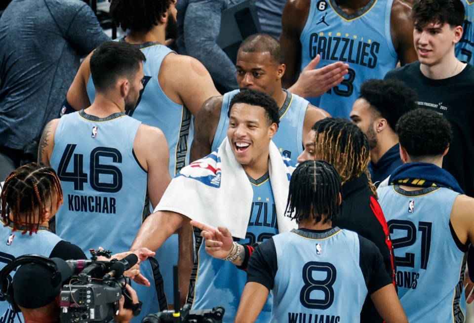 <strong>Memphis Grizzlies guard Desmond Bane (middle) celebrates with his teammates after defeating Los Angles Lakers on Wednesday, April 26, 2023.</strong> (Mark Weber/The Daily Memphian)