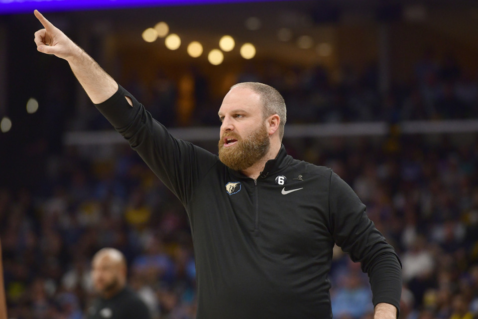 <strong>Memphis Grizzlies coach Taylor Jenkins calls to players during Game 2 of the team's first-round NBA basketball playoff series against the Los Angeles Lakers on Wednesday, April 19, 2023, in Memphis. The team heads into Game 6 Friday, April 28.</strong> (Brandon Dill/AP Photo)